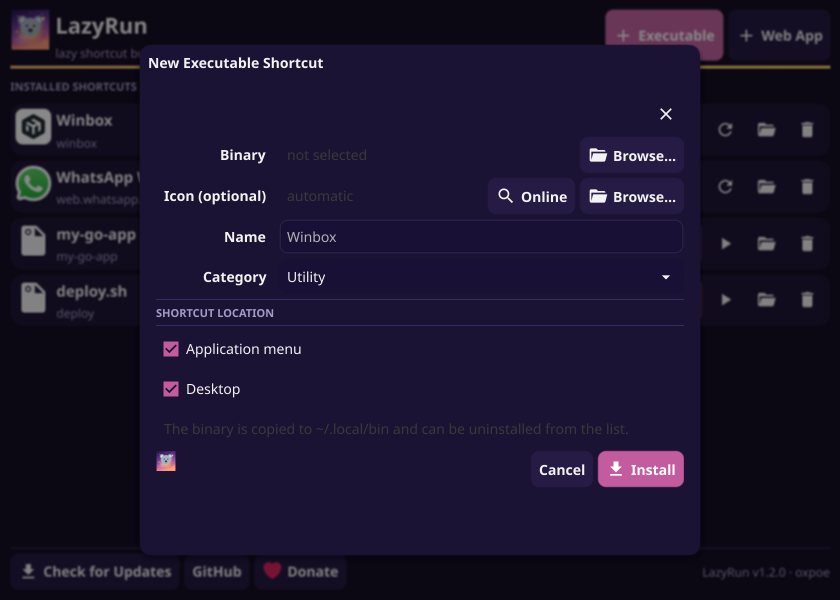 New executable shortcut dialog