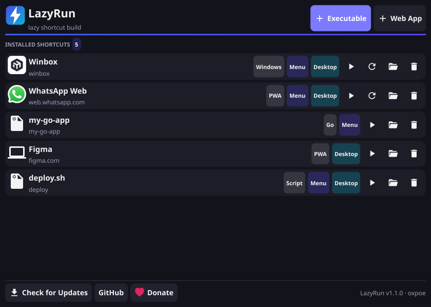 LazyRun main window