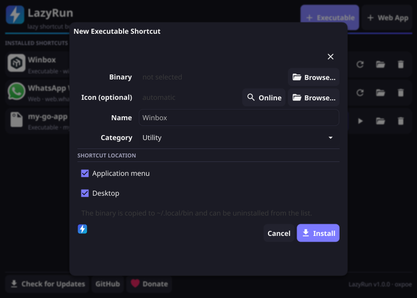 New executable shortcut dialog